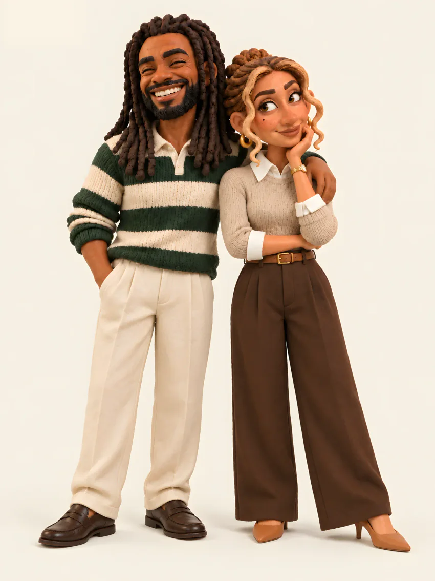 Claymation portrait of Nathan Flowers and Nia Mallia standing side by side, smiling.