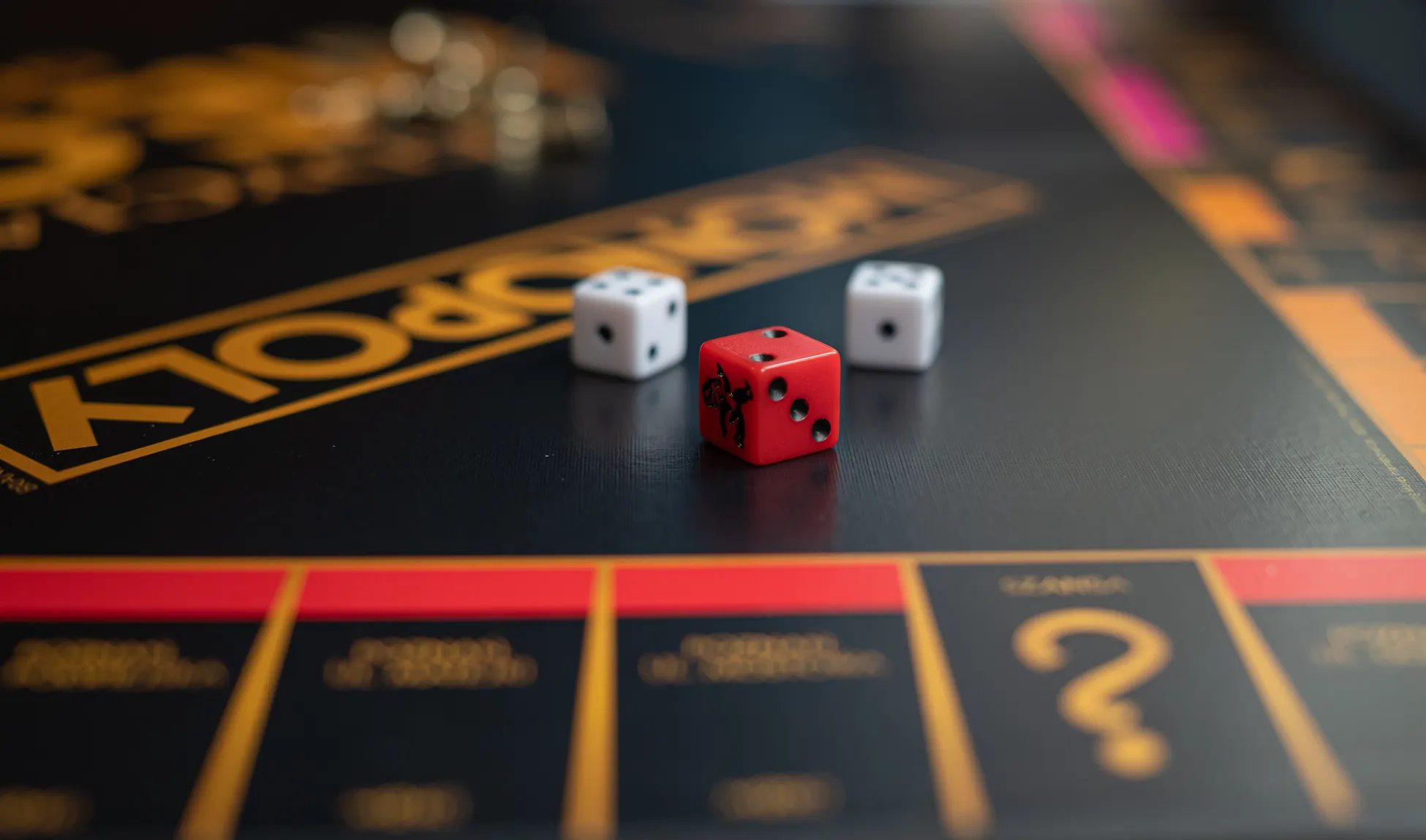 Two white dice and a red die on a dark board game, beside a square printed with a large question mark.