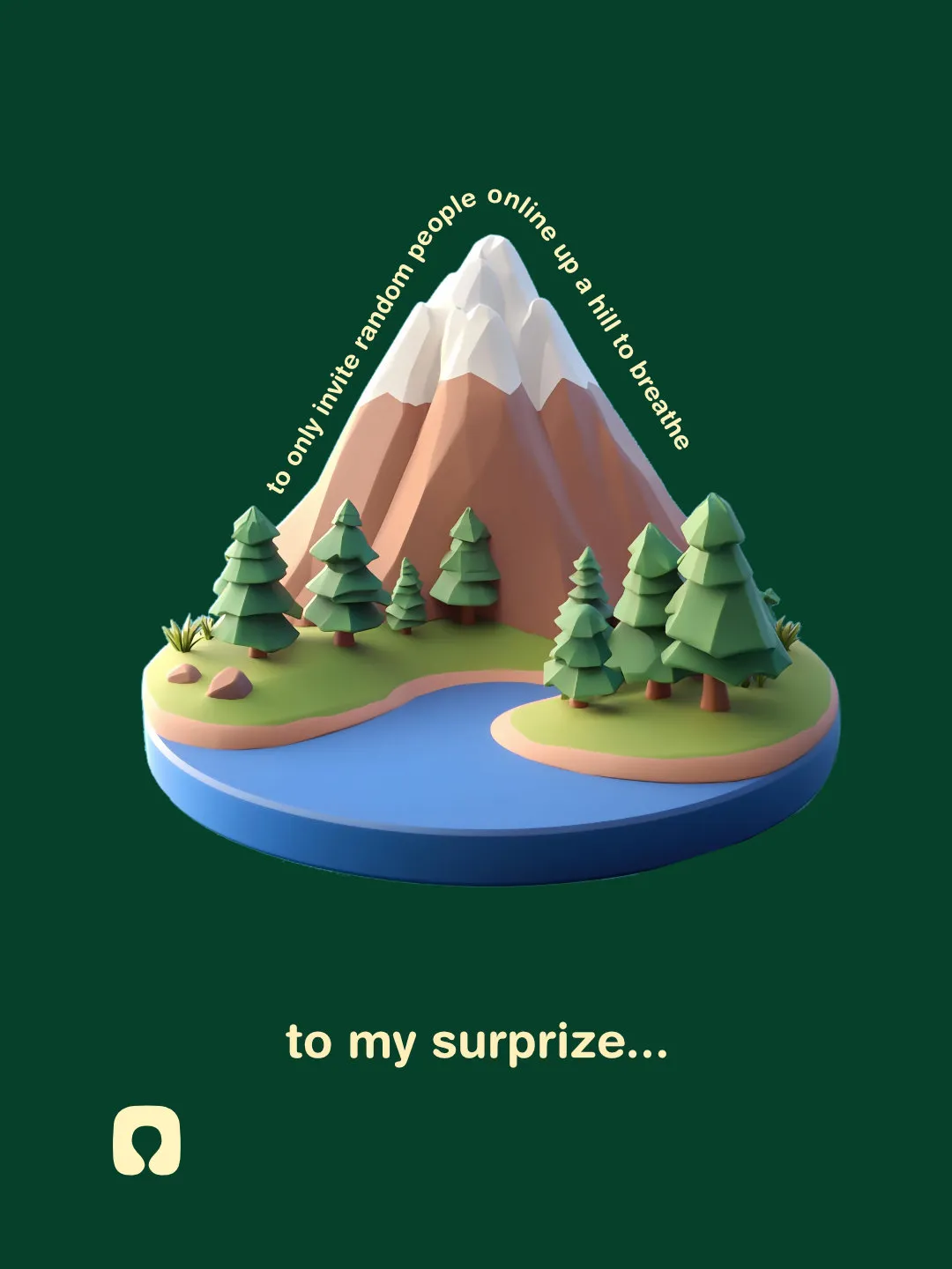 Illustration of a mountain and lake, with text about inviting people up a hill to breathe.
