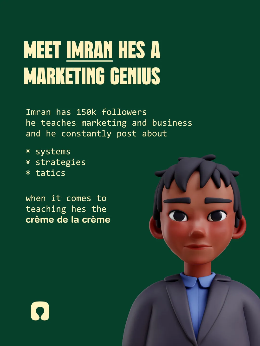 Slide introducing Imran, a marketer with 150k followers.