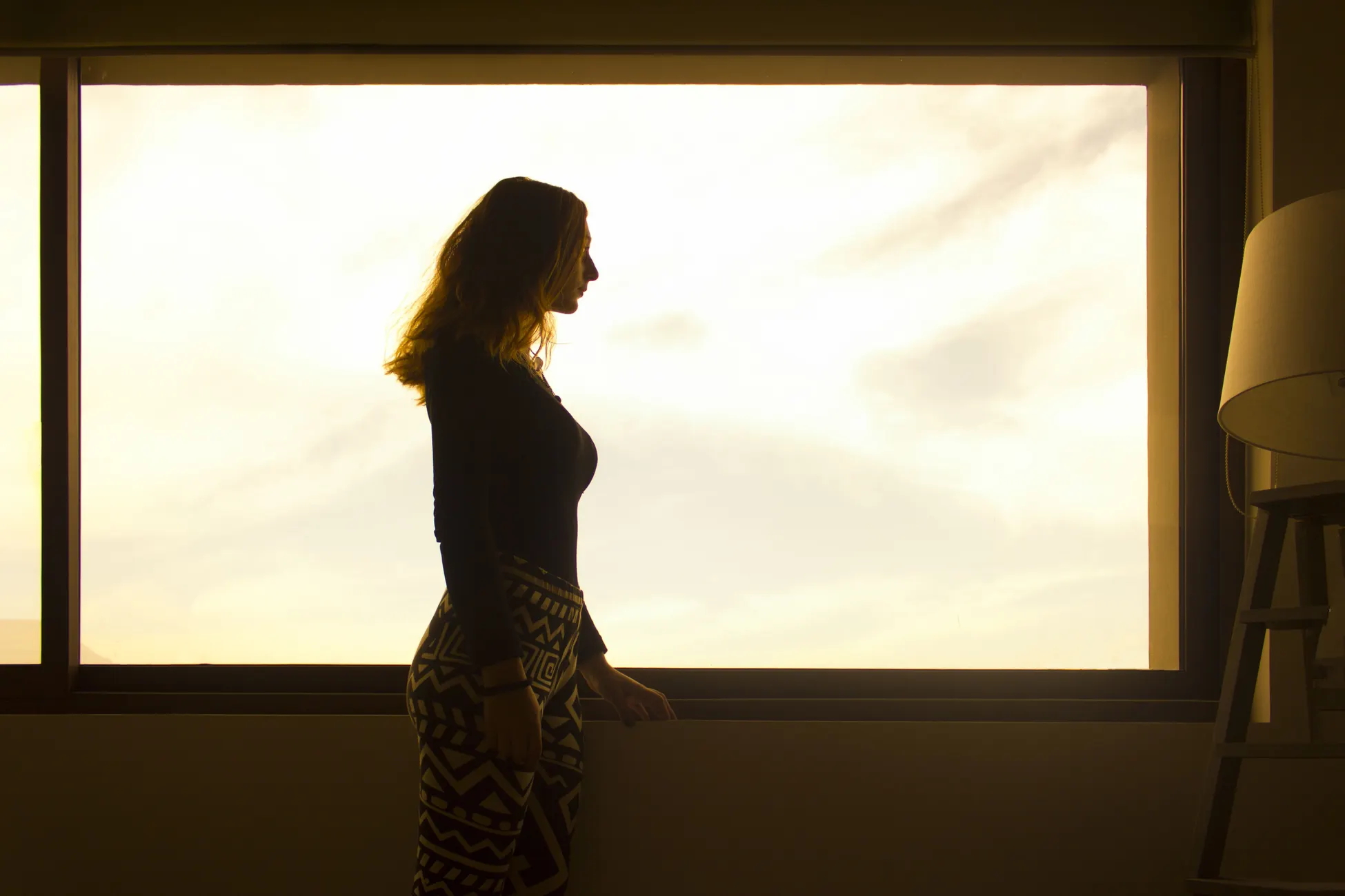 A woman in silhouette standing at a large window, looking out at a pale golden sky.