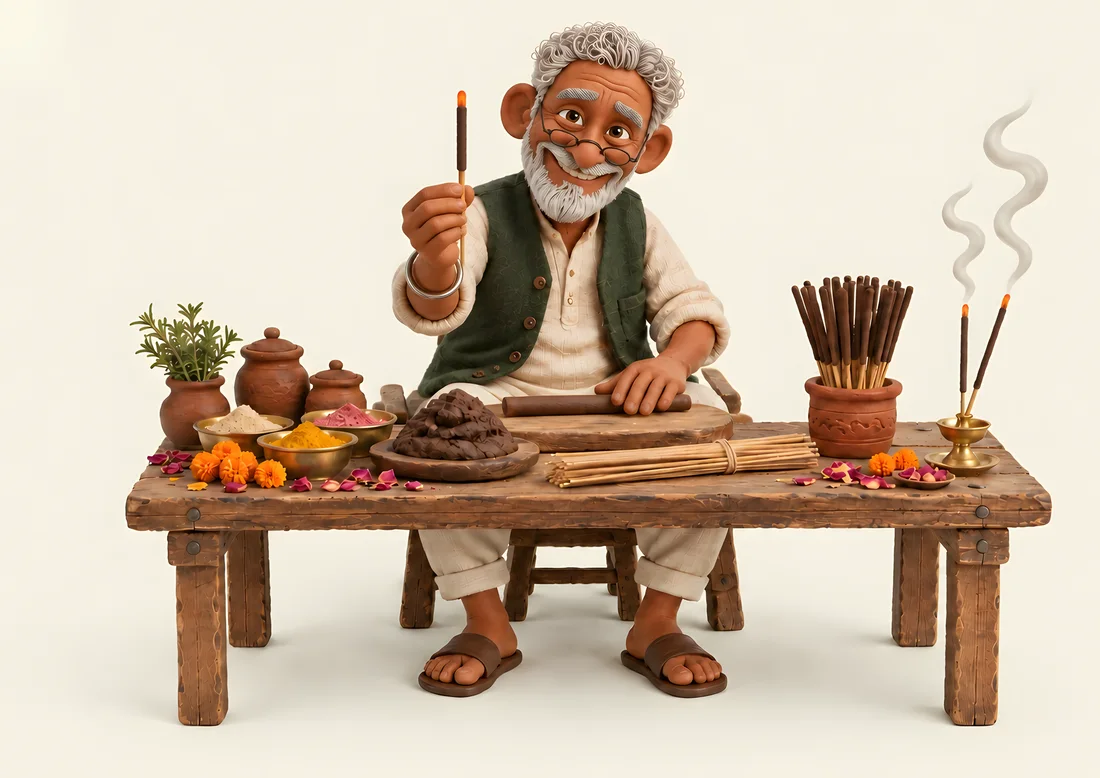 A friendly clay-style incense maker at his workbench, proudly holding up a freshly rolled incense stick among bowls of spices and flowers.