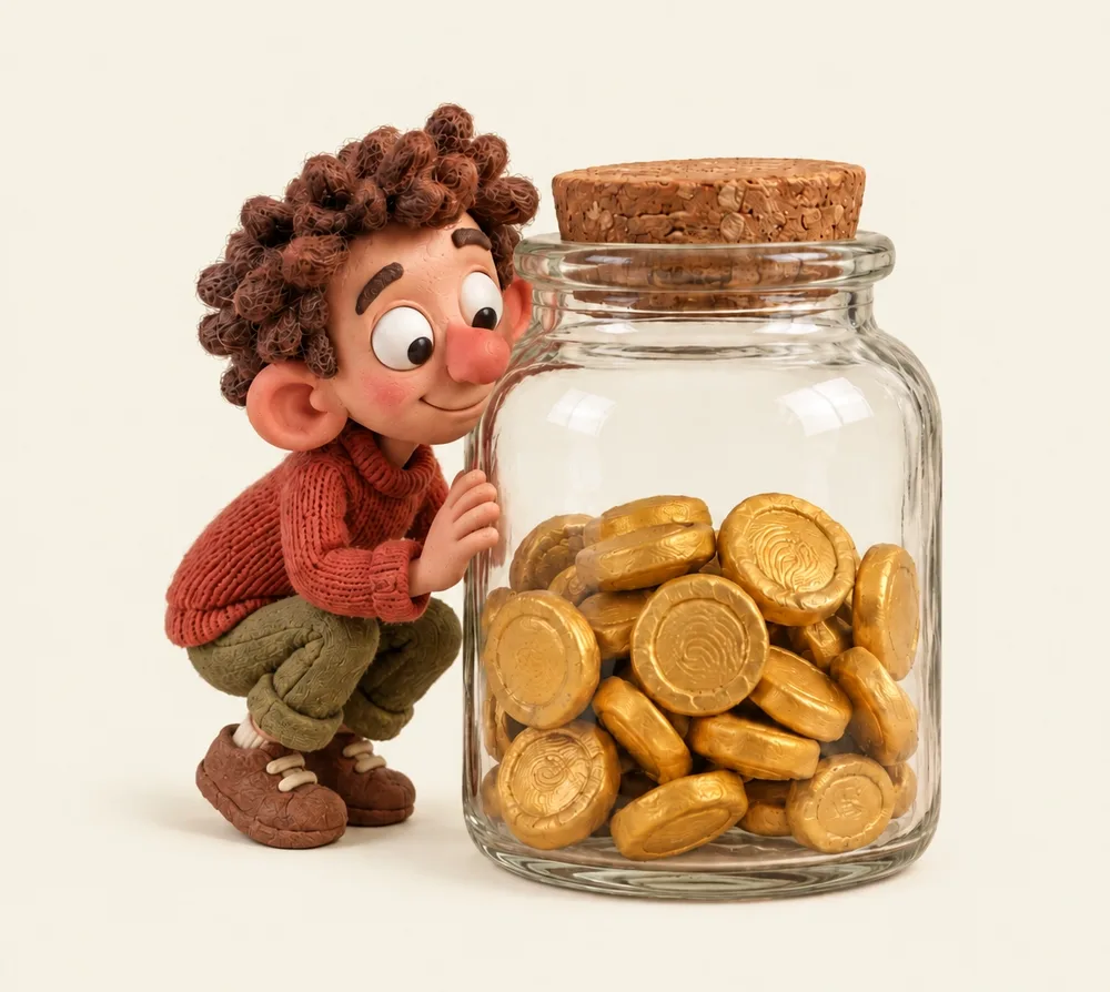 A clay character peering into a glass jar of gold coins.
