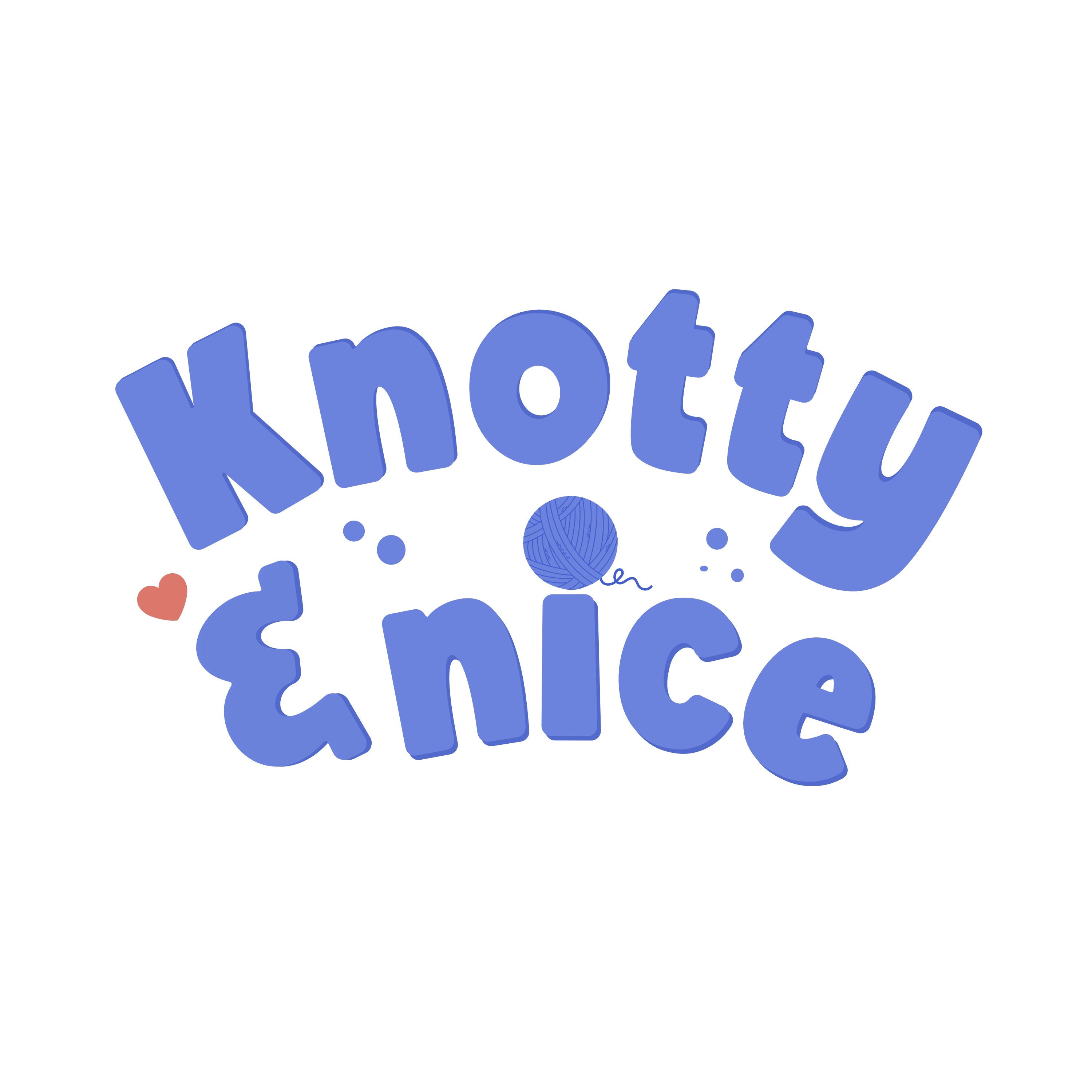Knotty and Nice logo - playful periwinkle lettering with a coral heart and a ball of yarn