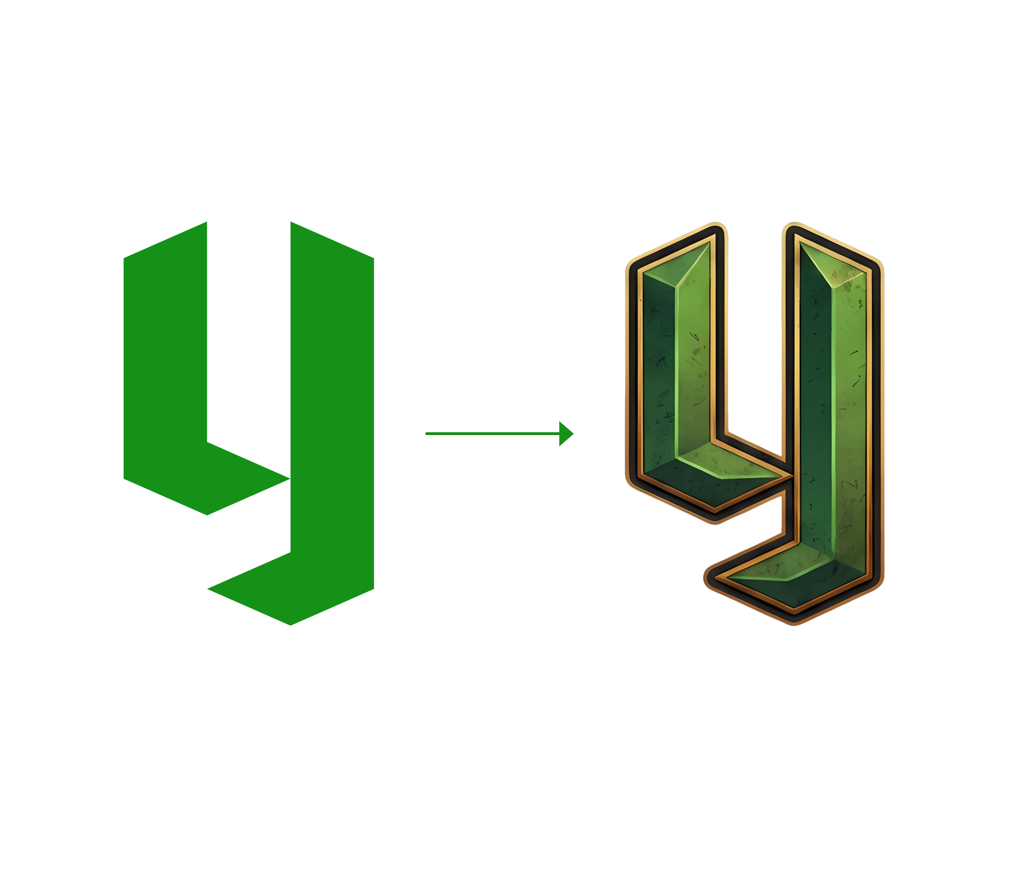 LG Logistics logo evolution - flat green monogram transformed into a GTA-style emerald and gold 3D mark